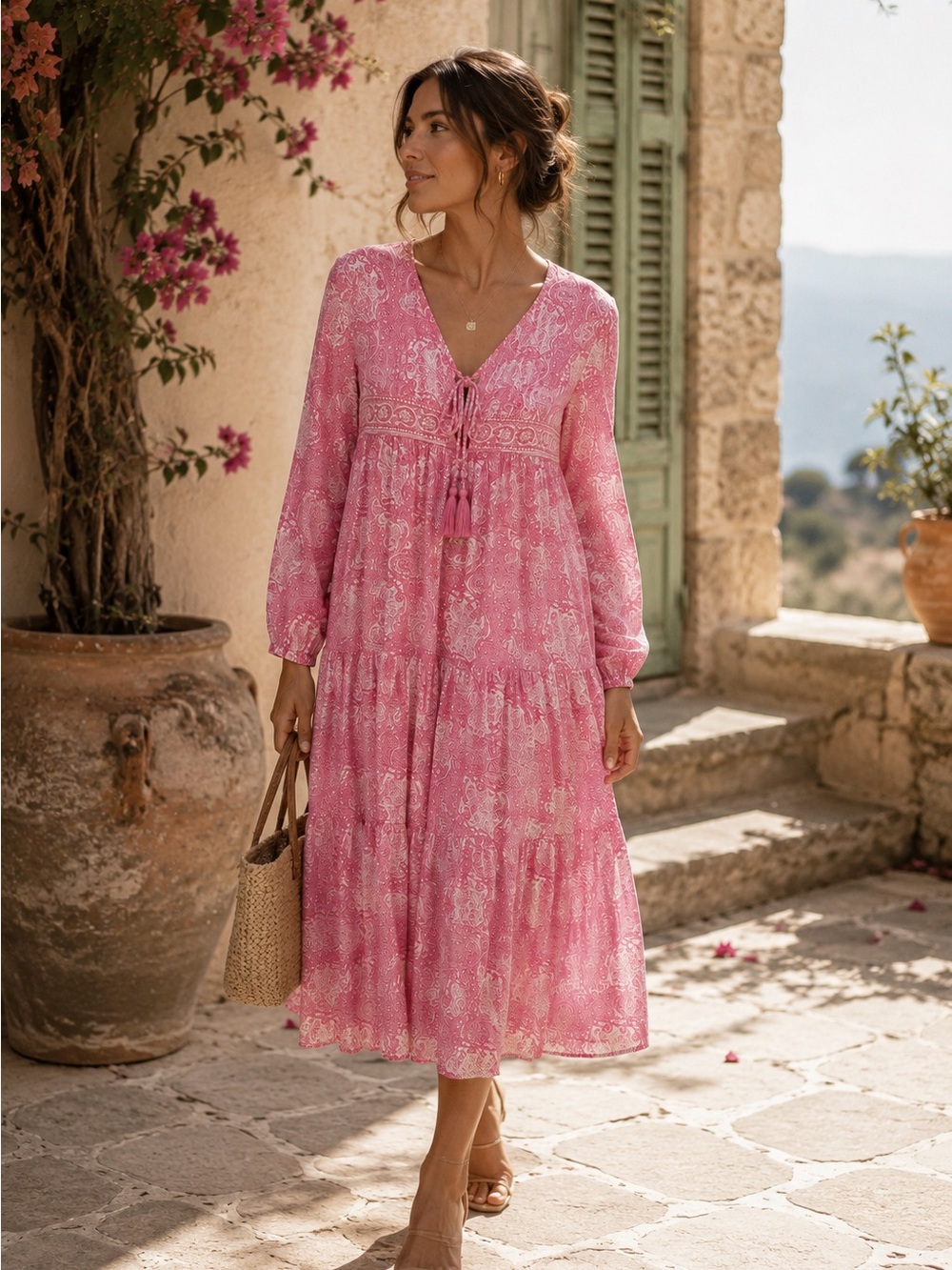 Boho Pink V-Neck Tiered Midi Dress with Tassel Tie